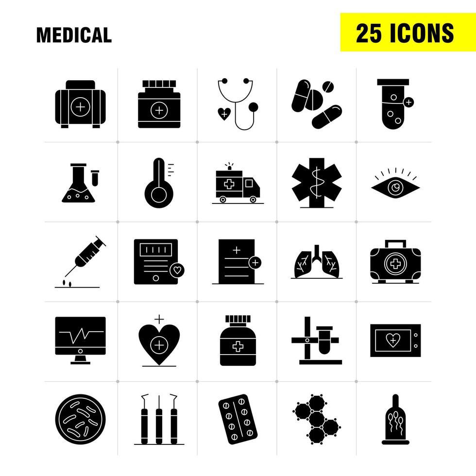 Medizinische solide Glyphen-Icons für Infografiken, mobiles Uxui-Kit und Druckdesign umfassen Krankenwagen, medizinisches Gesundheitswesen, Krankenhaus, Herz, medizinischer Scanner, Statistik, eps 10, Vektor