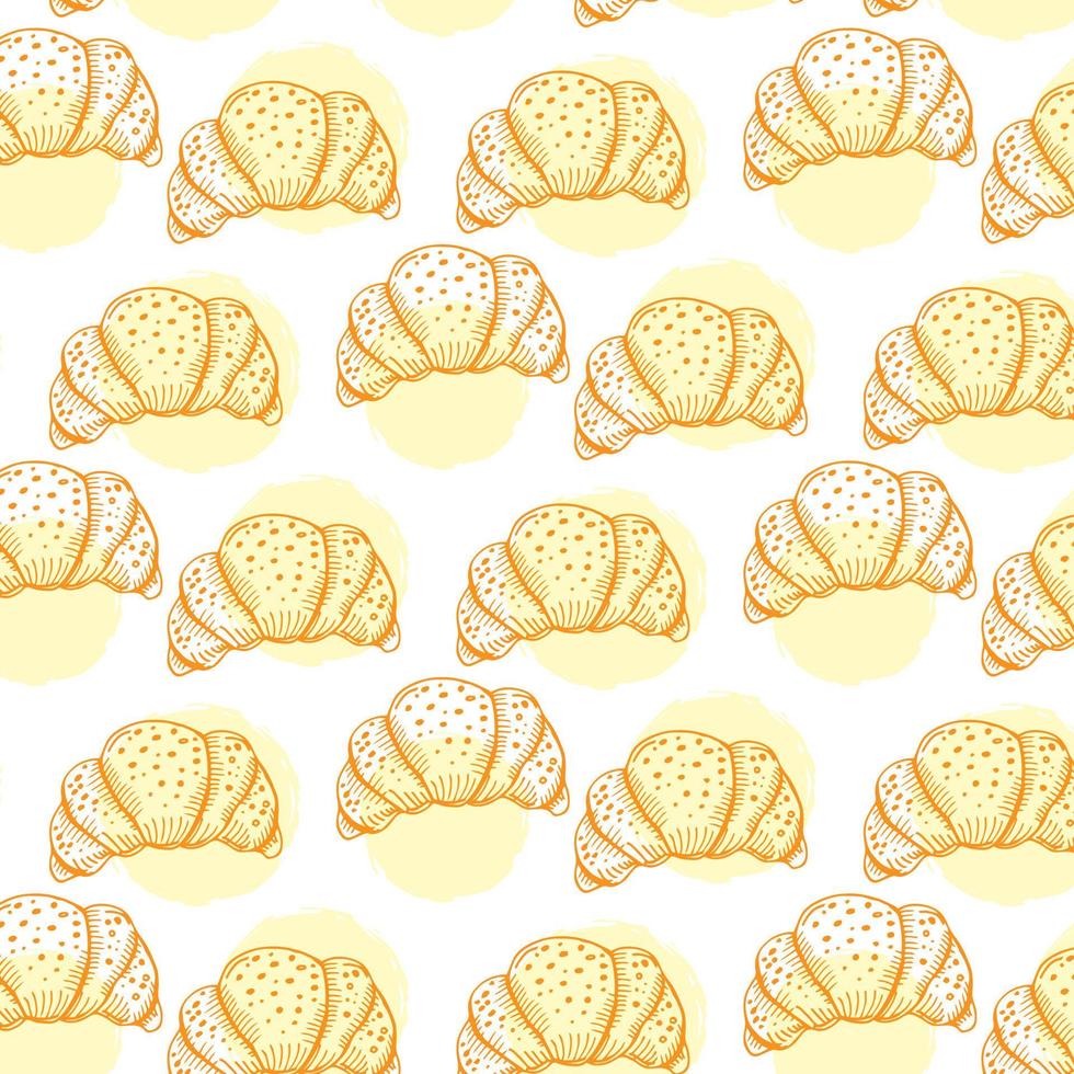 mönster med gott färsk knaprig croissanter i enkel tecknad serie stil. bakgrund för design meny Kafé, bistro, restaurang, märka och förpackning. vektor upprepa mat bakgrund.
