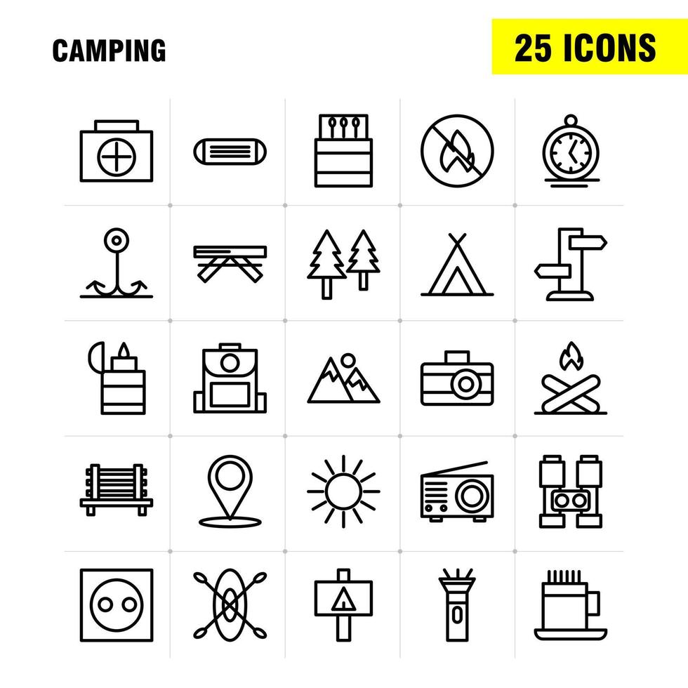 Camping-Line-Icon-Pack für Designer und Entwickler Ikonen des Bankcamping-Reisen-Campingspiels im Freien Feuervektor vektor