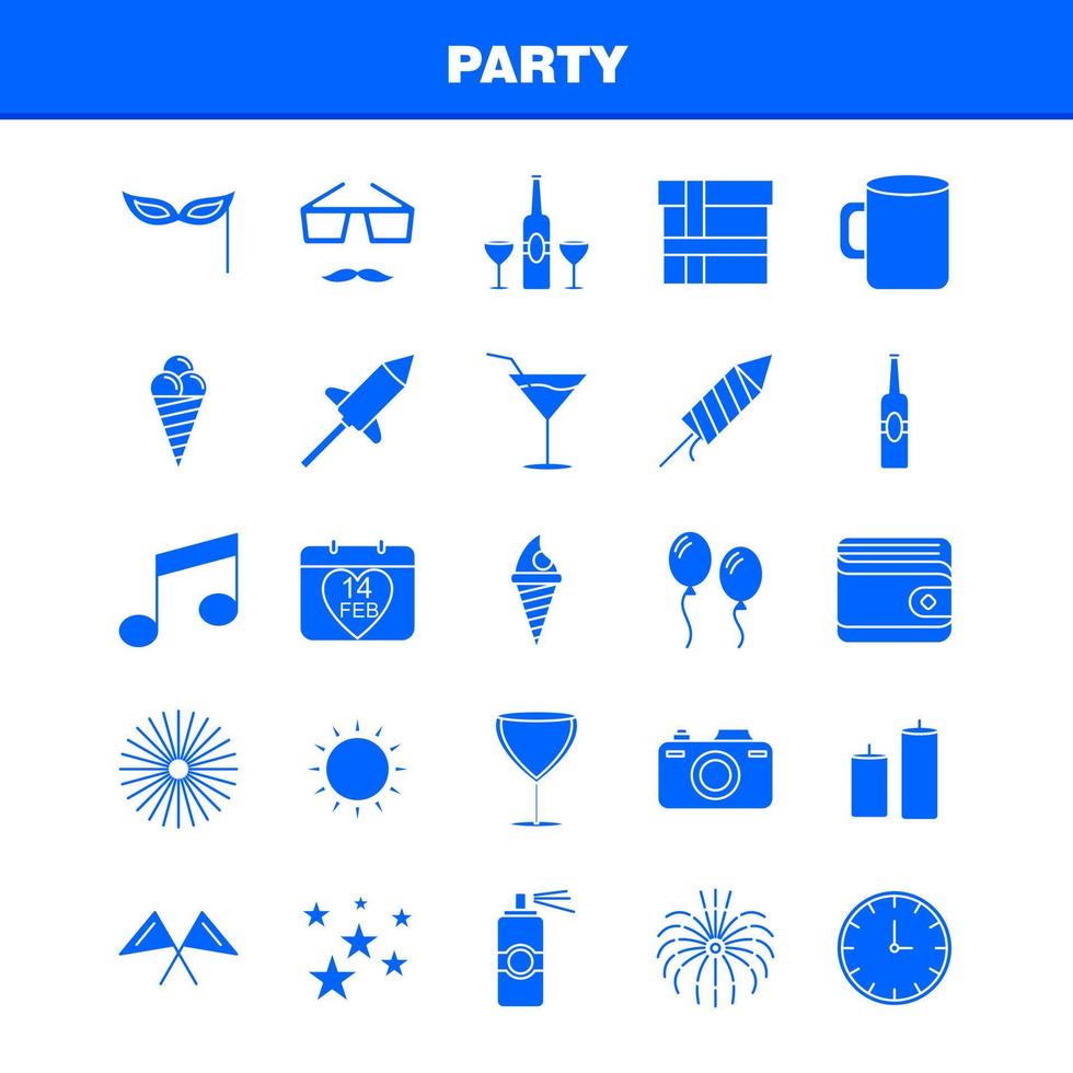 Festes Glyph-Symbol für Partys für Webdruck und mobiles Uxui-Kit wie Kalendergeburtstagsdatum Jahr Saftgetränk Glasparty Piktogramm-Packvektor vektor