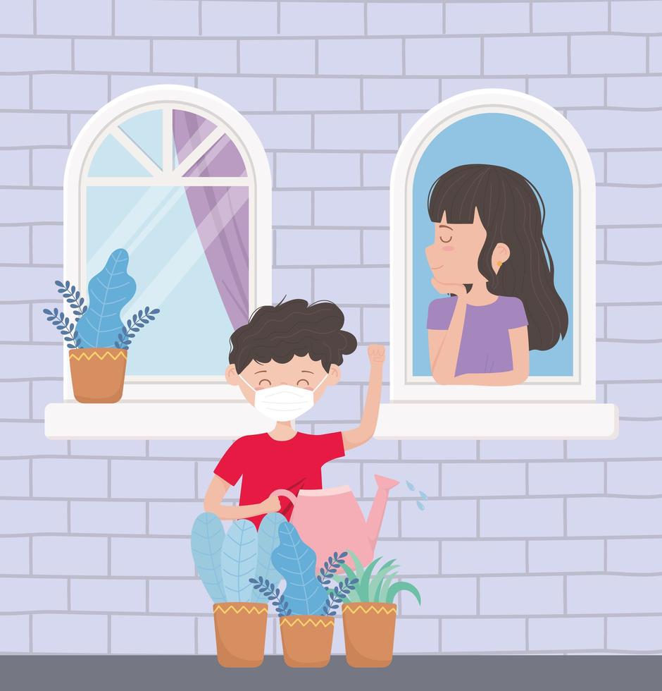 Junge, der Pflanzen und Mädchen am Fenster gießt vektor