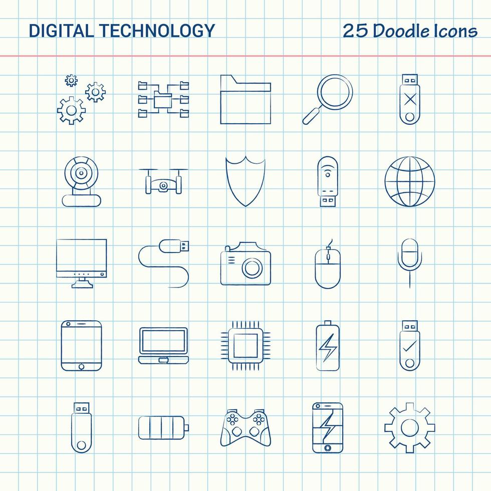 Digitaltechnik 25 Doodle-Symbole handgezeichnetes Business-Icon-Set vektor