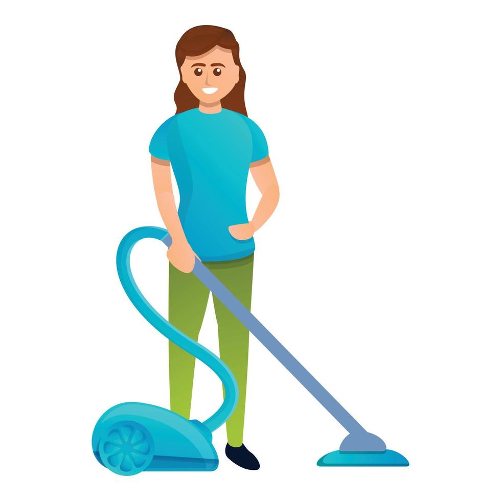 kvinna använda sig av Vakuum rengöringsmedel ikon, tecknad serie stil vektor