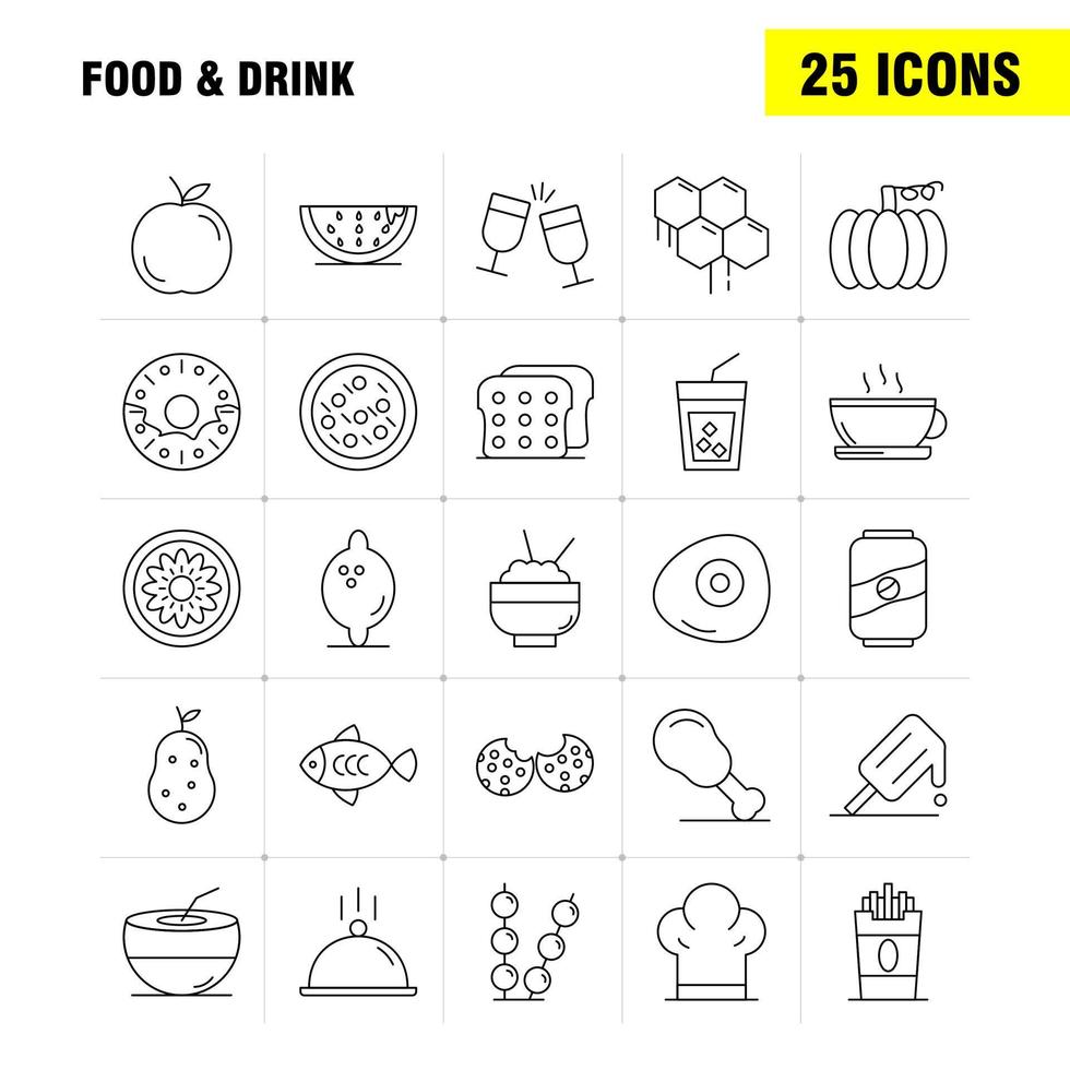 Symbole für die Linie von Speisen und Getränken, die für Infografiken, mobiles Uxui-Kit und Druckdesign festgelegt wurden, umfassen Brot, Lebensmittel, Laib, Eis, Lebensmittel, Essen, Symbolsatz, Vektor