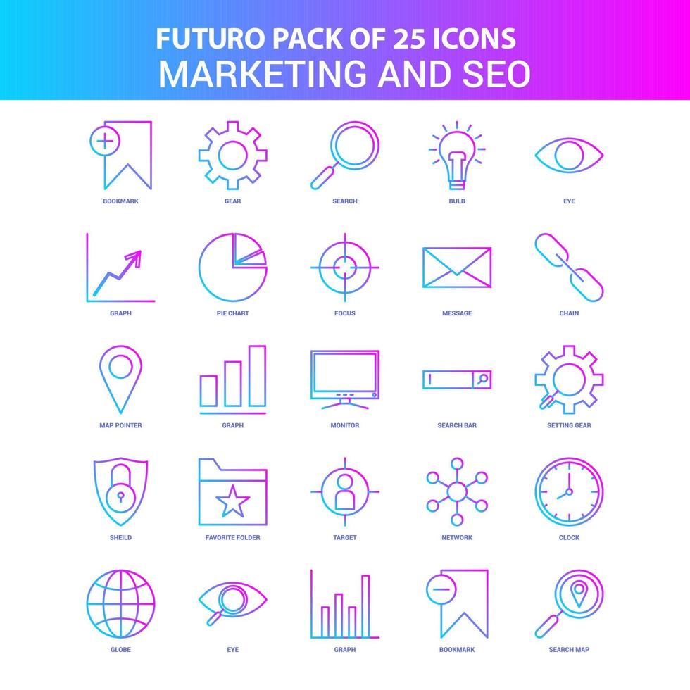 25 blå och rosa futuro marknadsföring och seo ikon packa vektor