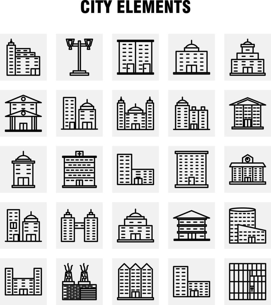Stadtelemente Zeilensymbole, die für Infografiken, mobiles Uxui-Kit und Druckdesign festgelegt wurden, umfassen Turmgebäude Stadtbürogebäude Turmstadtbüro eps 10 Vektor