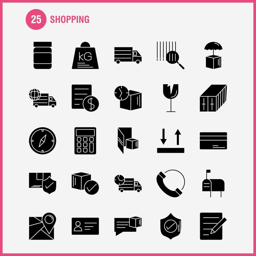 Einkaufen solides Glyphen-Symbol für Webdruck und mobiles Uxui-Kit wie Flasche Gesundheit Versand Lieferung Welttransportkarte Lieferung Piktogramm Pack Vektor