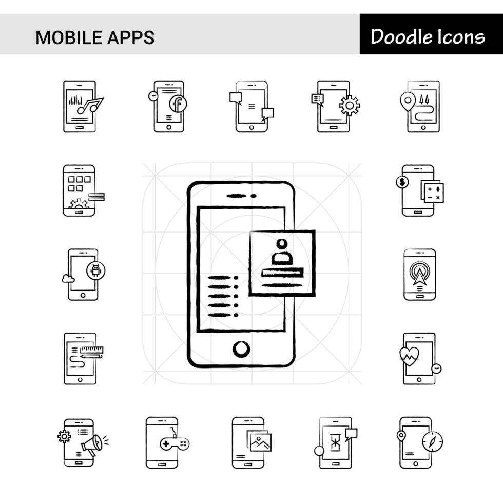 Satz von 17 handgezeichneten Symbolen für mobile Apps vektor