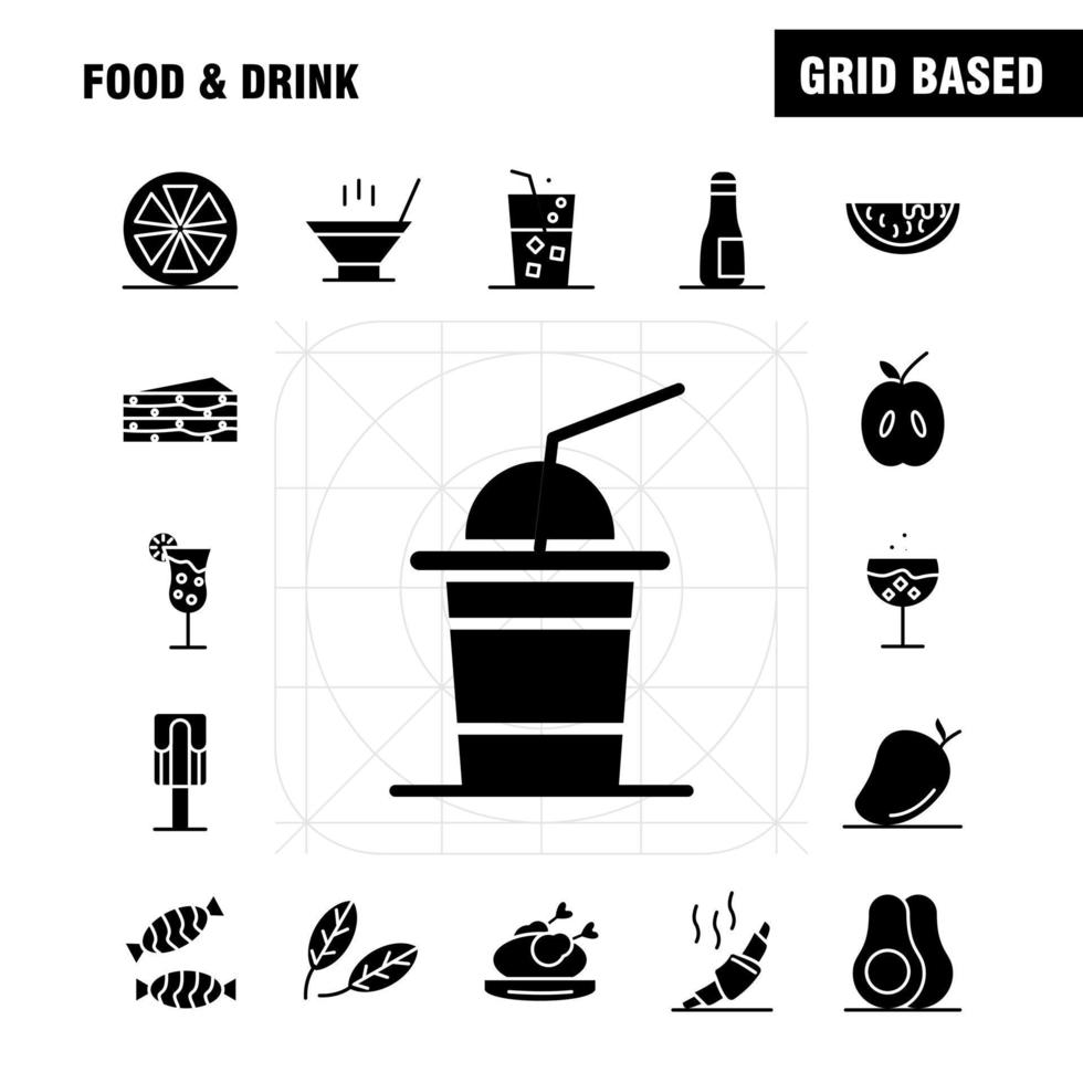 feste Glyphensymbole für Lebensmittel und Getränke, die für Infografiken, mobiles Uxui-Kit und Druckdesign festgelegt wurden, umfassen Cocktailglas, Kelch, Glas, Wein, Getränk, Backen, Croissant, Symbolsatz, Vektor