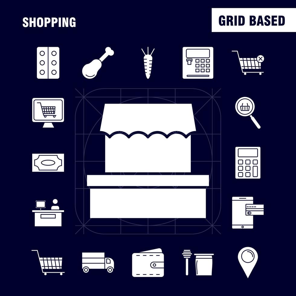 Einkaufen solides Glyphen-Symbol für Webdruck und mobiles Uxui-Kit wie Gebäude, Einkaufszentrum, Einkaufszentrum, Einkaufswagen, Handel, Piktogrammpaket, Vektor