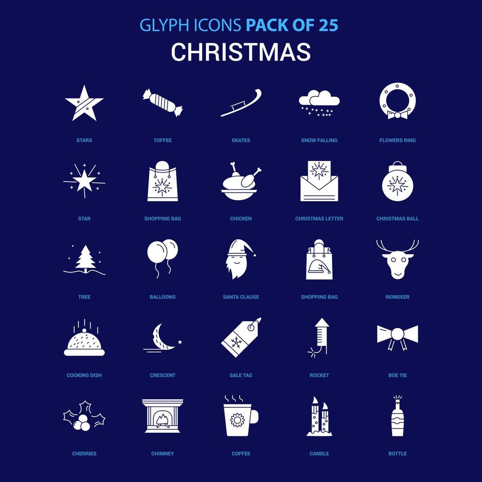 Weihnachten weißes Symbol auf blauem Hintergrund 25 Icon Pack vektor