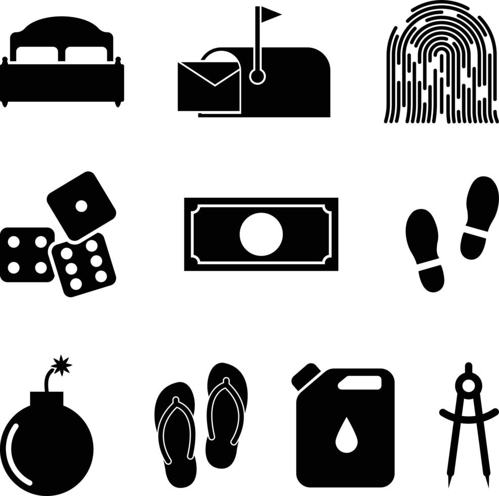 Kingsize-Bett, Briefkasten, Fingerabdruck, Würfel, Geldvorlage, Schuh- und Sandalenabdrücke, Zeichentrickbombe, Gaskanister und Zeichnungskompass-Icon-Set. vektor
