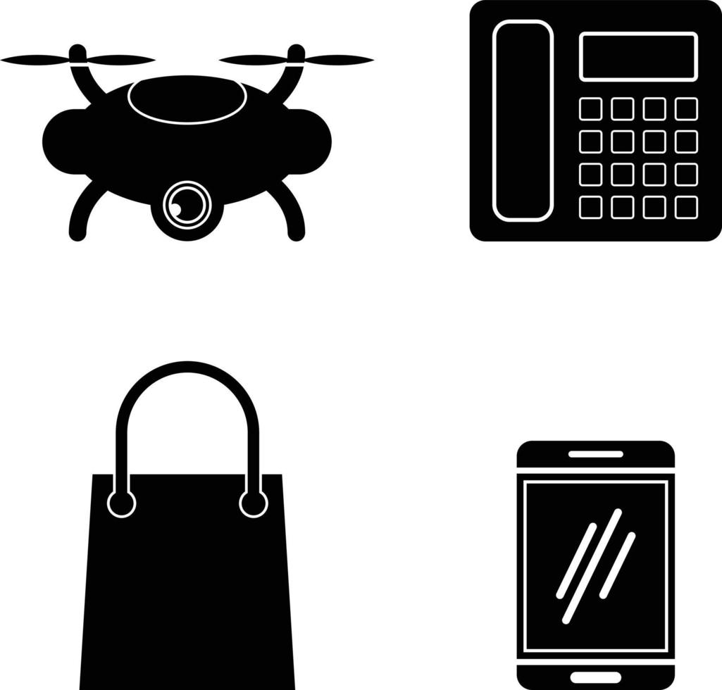 fliegende Drohne, Festnetztelefon, Einkaufstasche und Smartphone-Icon-Set vektor