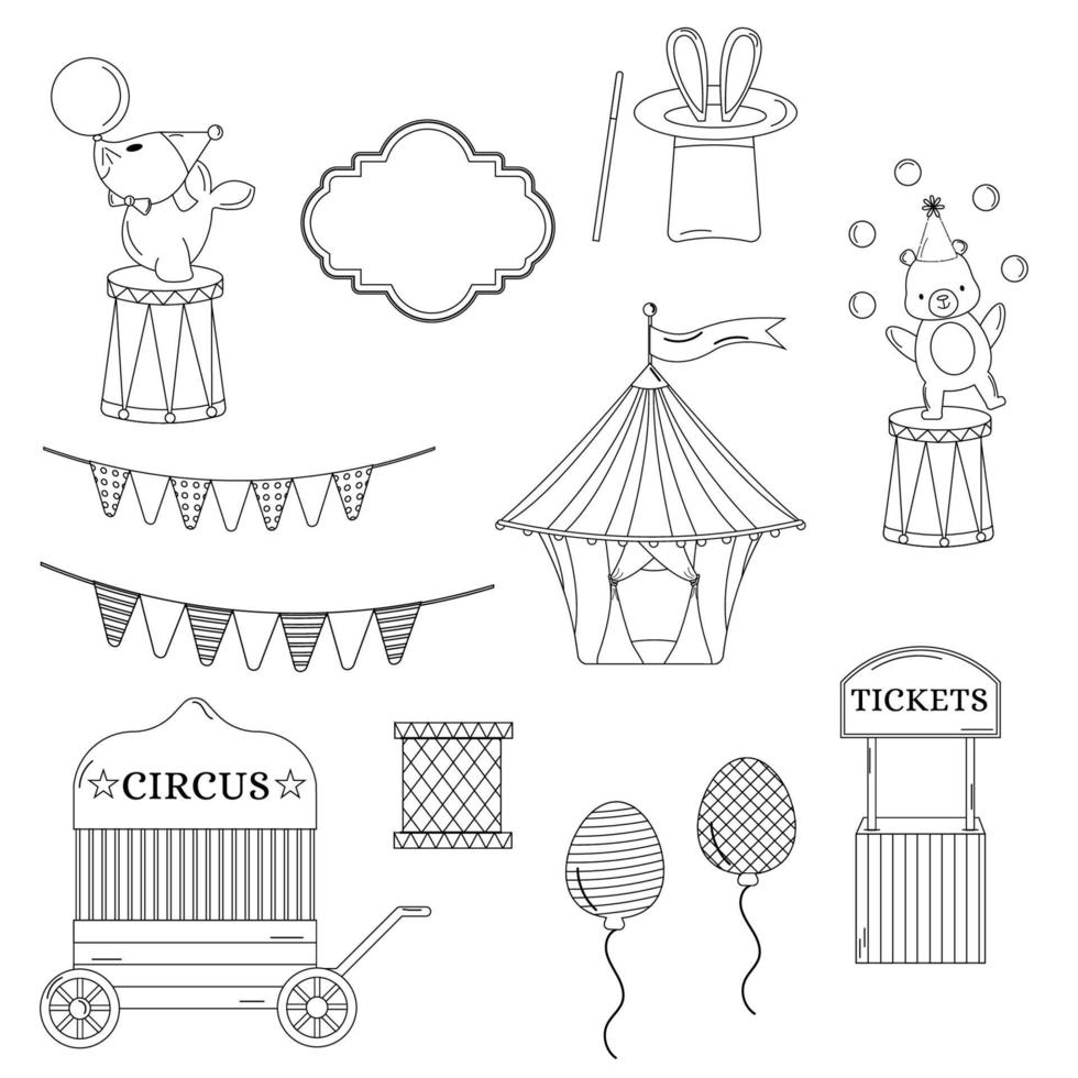samling av översikt cirkus. tält, hare i en hatt, päls täta, krans, boll, Björn, biljett kontor vektor