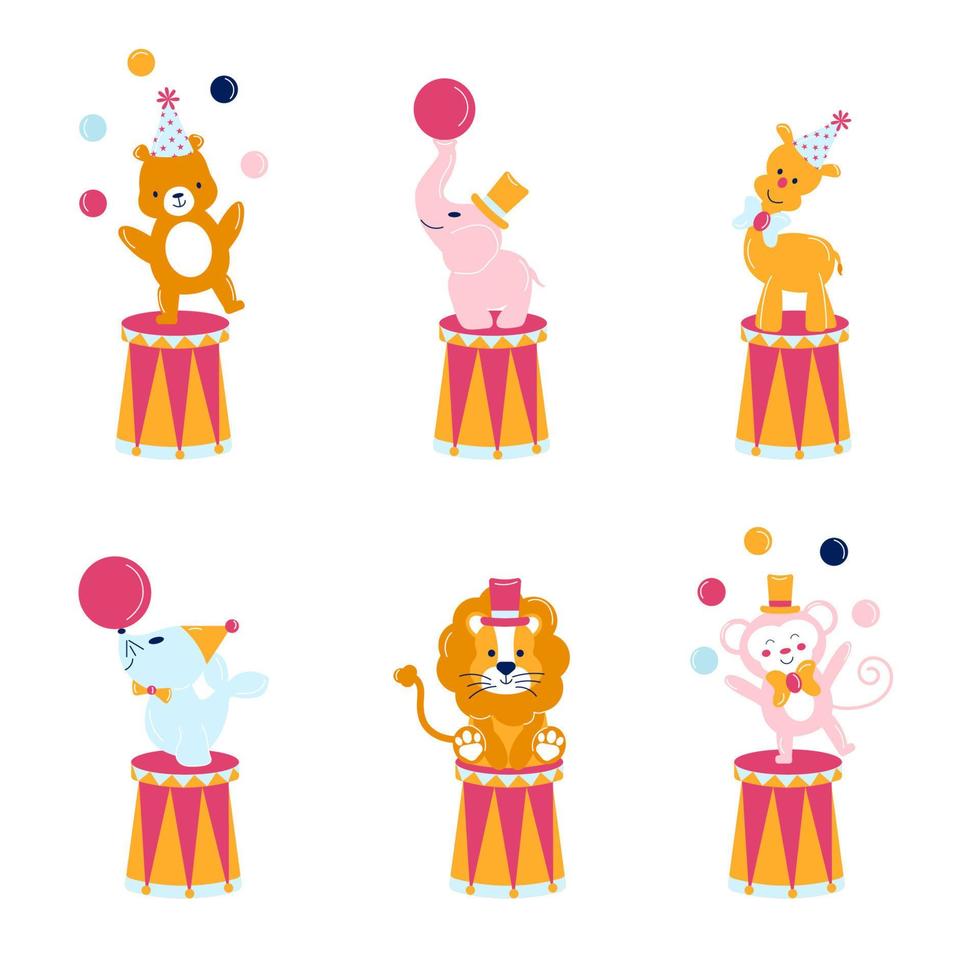 samling av tecknad serie cirkus djur. Björn, elefant, apa, giraff, lejon, hav katt vektor