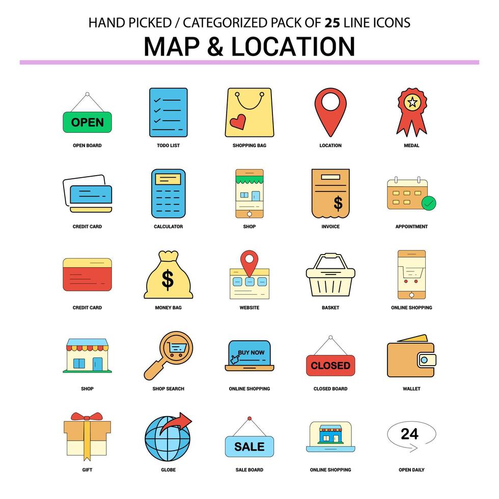 Karte und Standort Flat Line Icon Set Business Concept Icons Design vektor