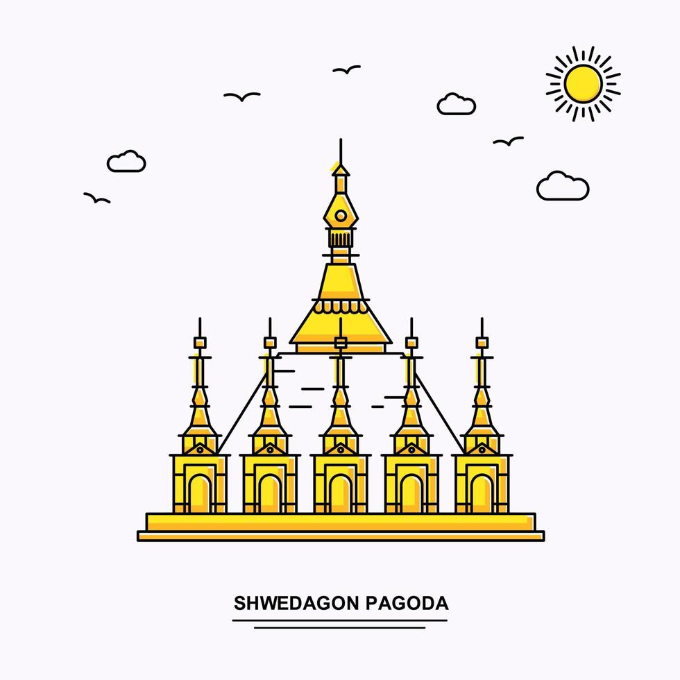 shwedagon pagod monument affisch mall värld resa gul illustration bakgrund i linje stil med skönhet natur scen vektor