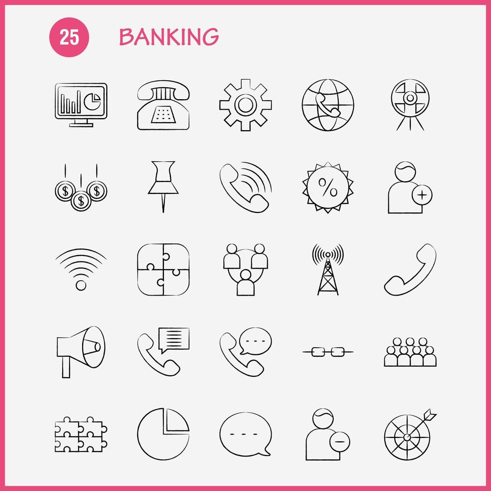 Banking handgezeichnetes Symbol für Webdruck und mobiles Uxui-Kit wie weltweites Online-Shopping-Telefon Telefon-Chat Telefon-Mail-Piktogramm-Paketvektor vektor