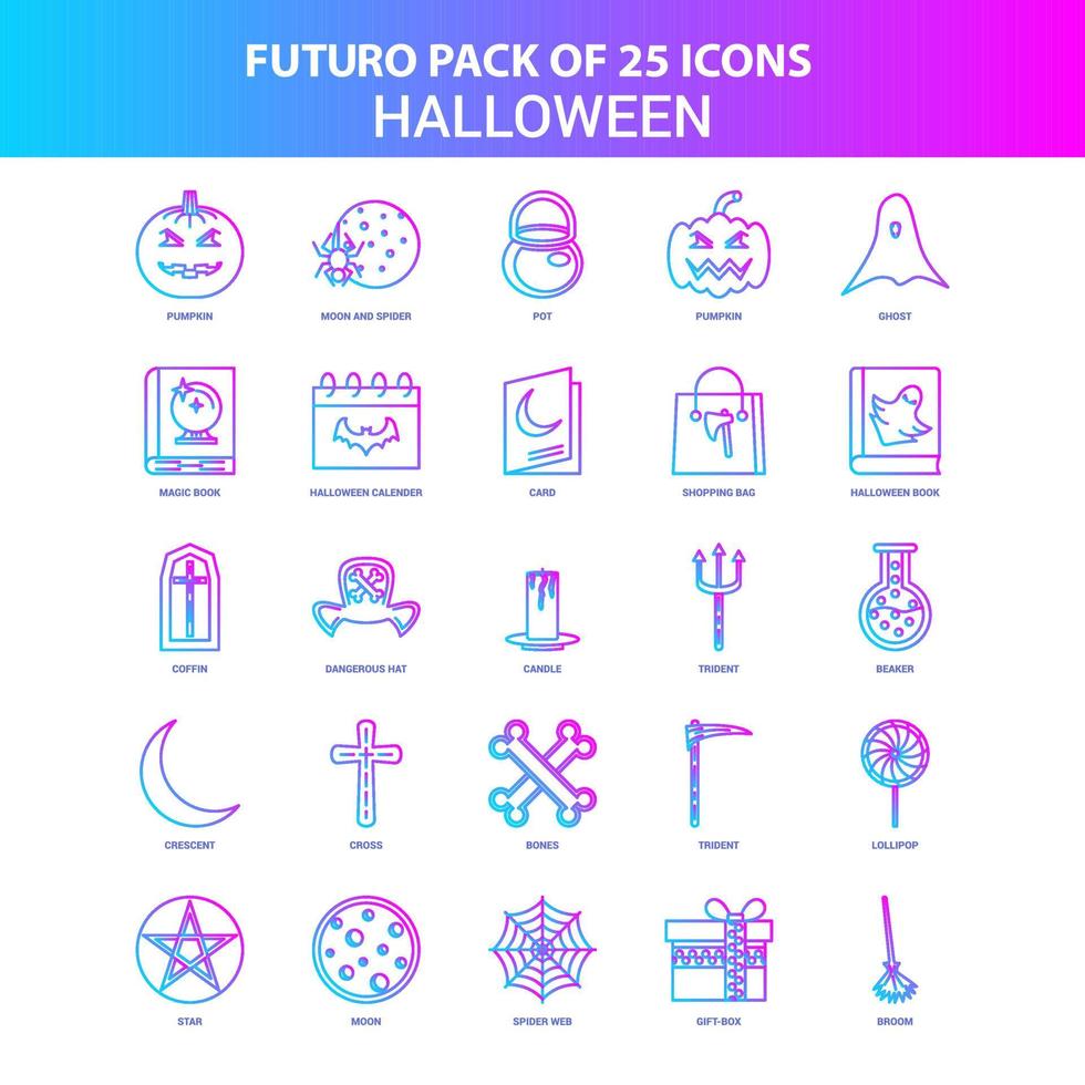 25 blå och rosa futuro halloween ikon packa vektor