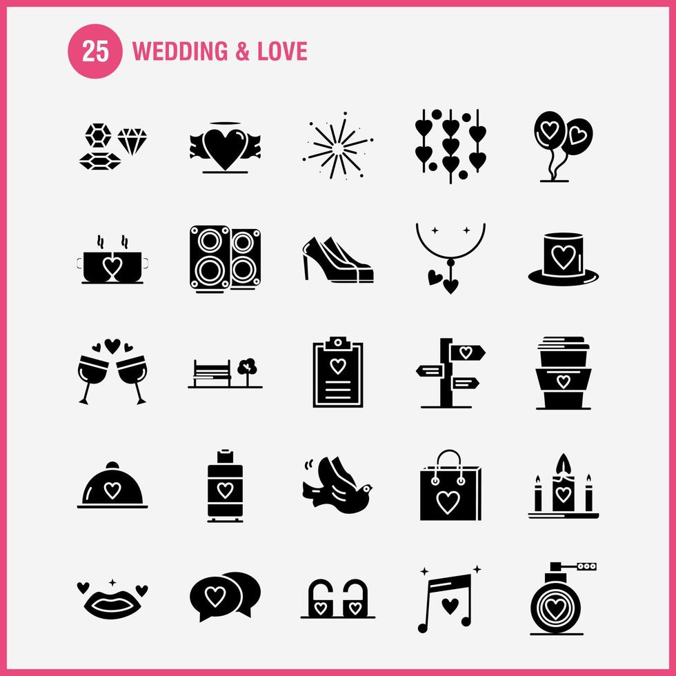 feste Glyphensymbole für Hochzeit und Liebe, die für Infografiken, mobiles Uxui-Kit und Druckdesign festgelegt wurden, umfassen Zwischenablage, Herz, Liebe, Text, Feuerwerk, Feuer, Liebe, Hochzeit, Symbolsatz, Vektor