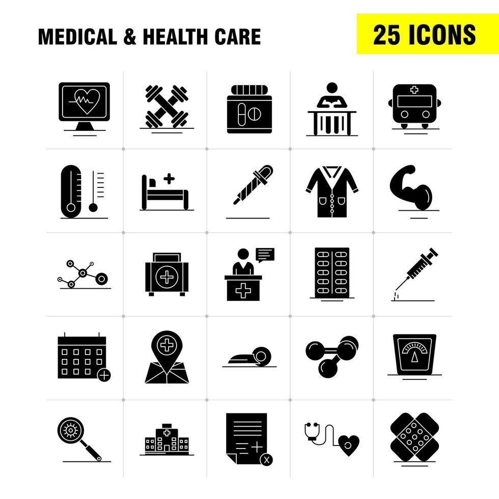 Solides Glyphensymbol für Medizin und Gesundheitswesen für Webdruck und mobiles Uxui-Kit wie medizinischer Monitor Herzschlag medizinische Pillen Tablette Piktogramm Pack Vektor