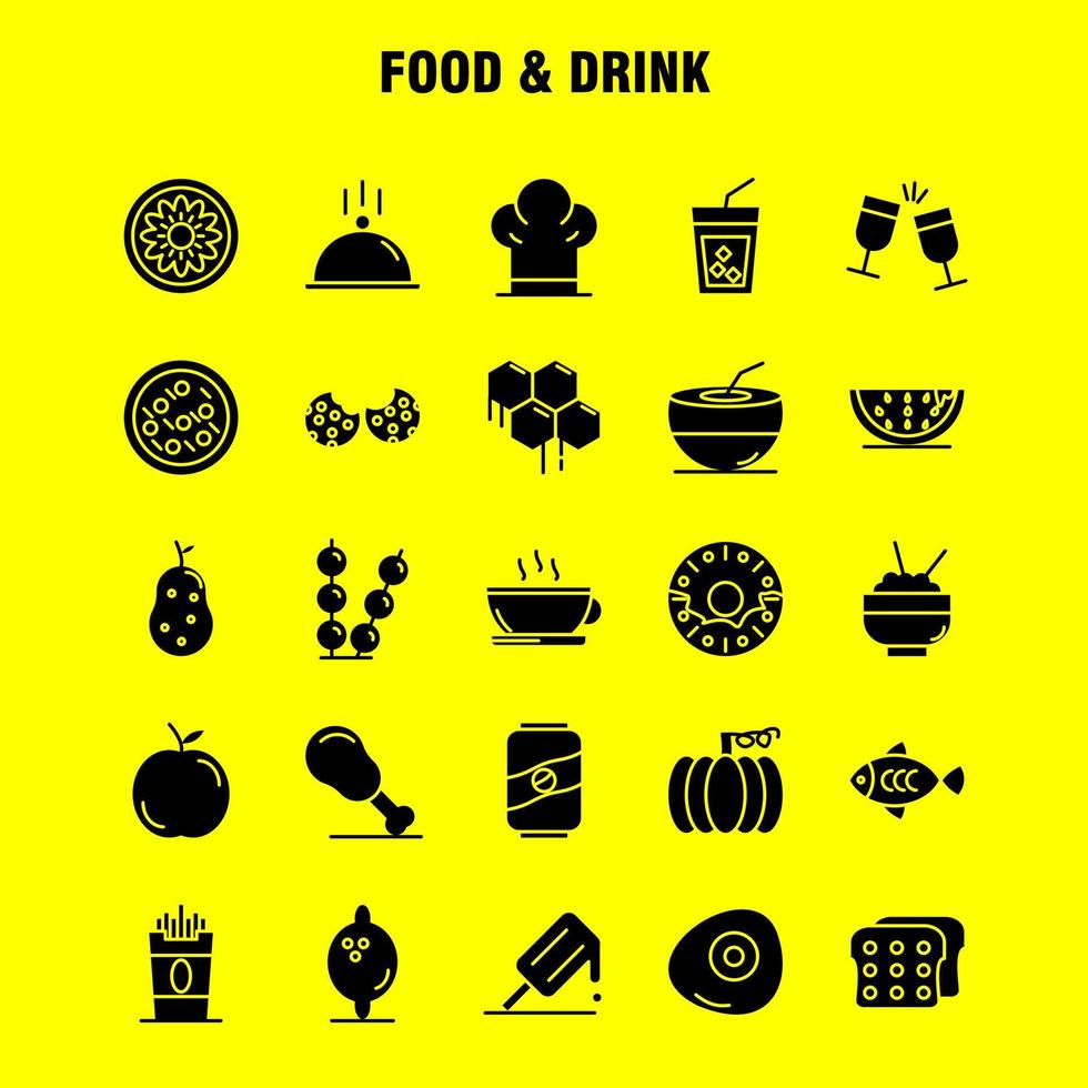 Lebensmittel und Getränke feste Glyphen-Symbole, die für Infografiken, mobiles Uxui-Kit und Druckdesign festgelegt wurden, umfassen Brot, Lebensmittel, Eiscreme, Lebensmittel, Essen, Symbolsatz, Vektor