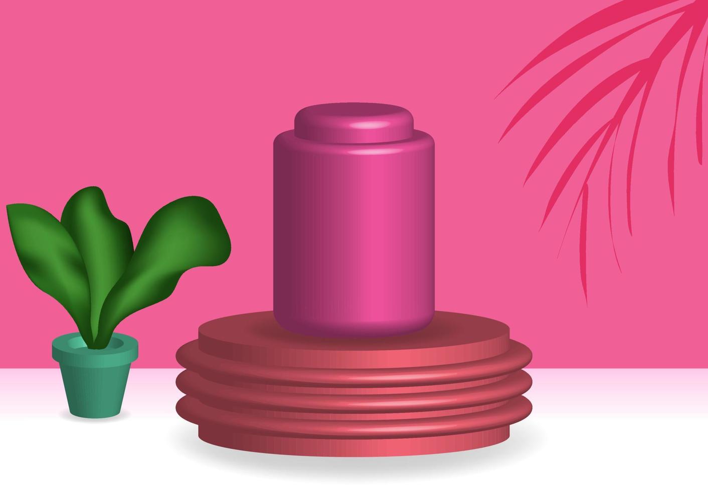 Vektorgrafik 3D-Flasche auf dem Podium realistisches Konzept, Werbeshow Mockup Studiodekoration leere Vitrine Natur rosa Zeichenvorlage, abstrakt für Ihre Geschäftsanzeigen vektor