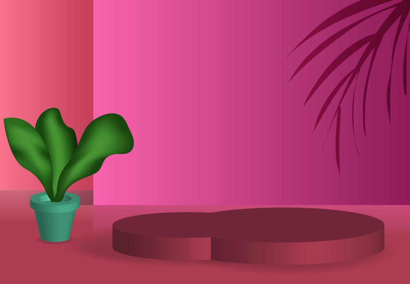 interiör design podium och pott blad vektor realistisk , mall attrapp rena studio närbild rosa monter interiör tecken , bakgrund skönhet design vår blommig isolerat tecken
