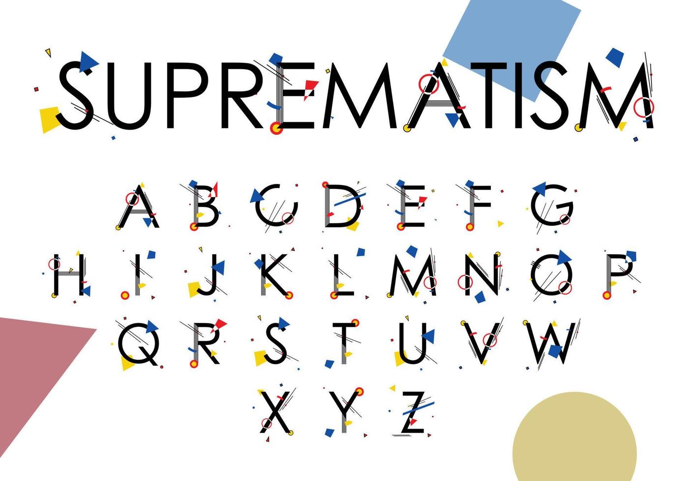 alfabet supprematism tillverkad upp av enkel geometrisk former, i suprematism stil, inspirerad förbi målningar av kazimir malevich och löjligt kandinsky vektor