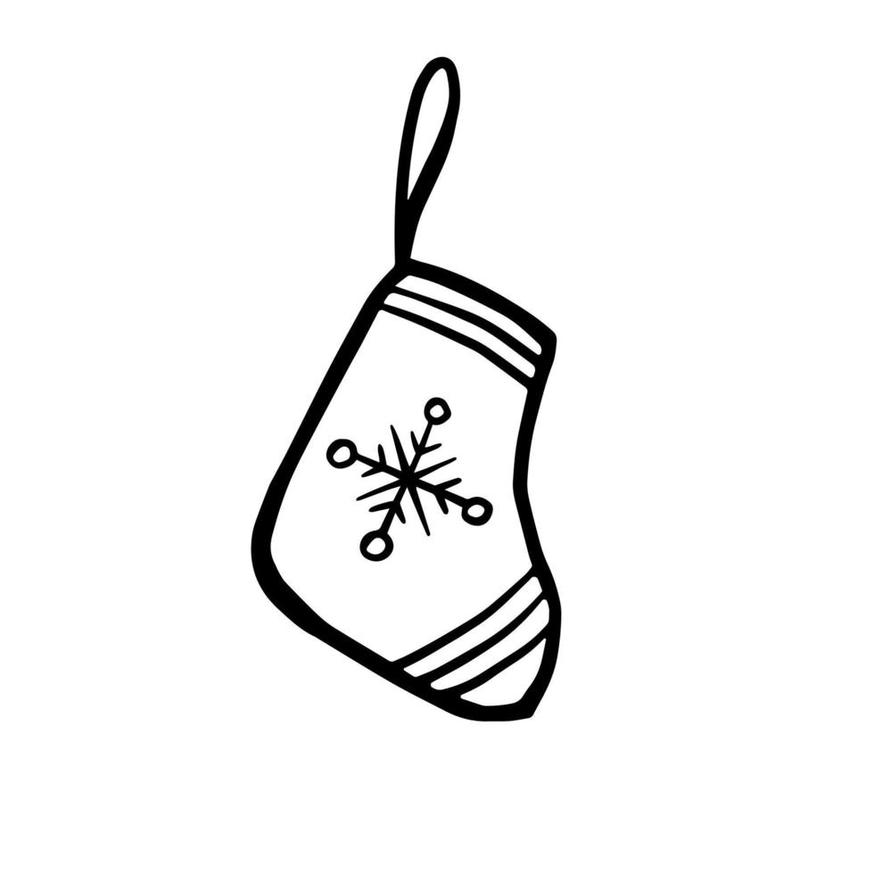 weihnachten kind strumpf gekritzel hand gezeichnete illustration. lineare Schwarz-Weiß-Vektorzeichnung. vektor