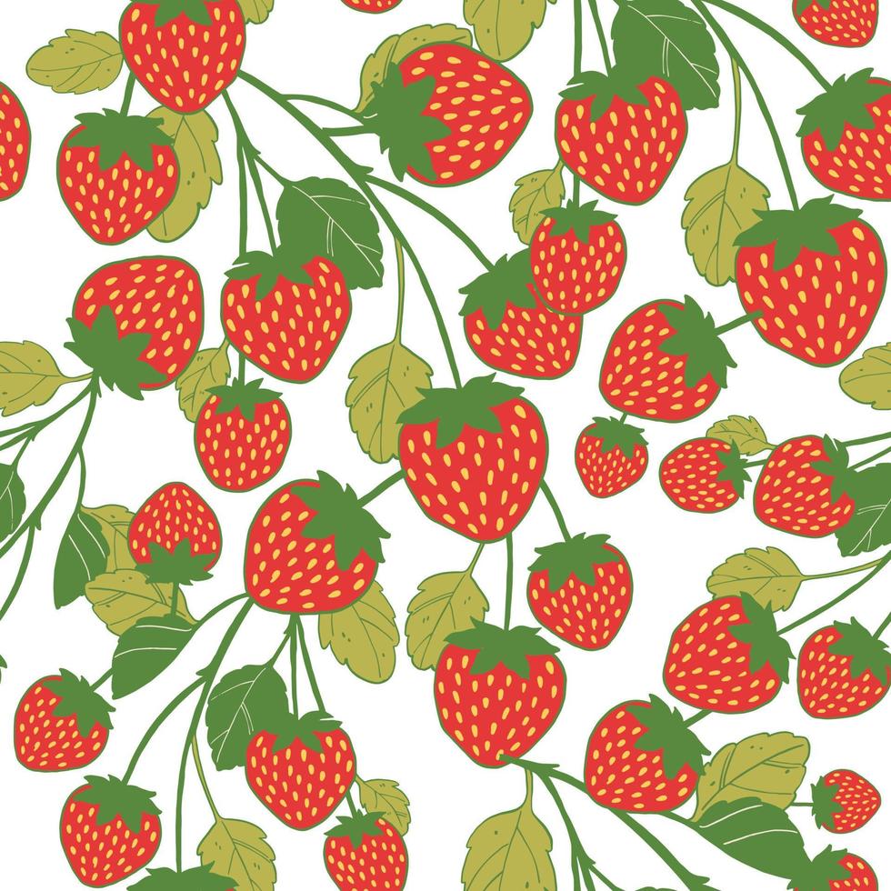 Nahtloses Vektormuster mit großen leckeren Walderdbeeren auf weißem Hintergrund. trendiger Sommerdruck mit Beeren im handgezeichneten Stil. köstliche und leckere sommerlebensmittelillustration. vektor