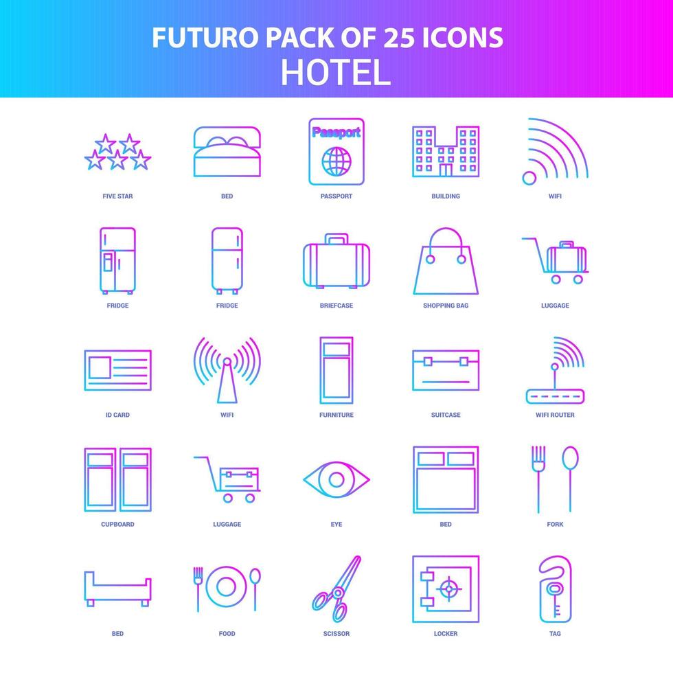 25 blaue und rosafarbene Futuro-Hotel-Icon-Packs vektor