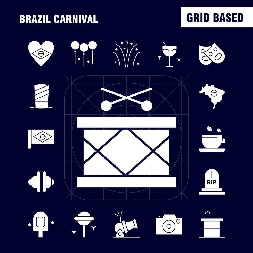 Brasilien Karneval Solid Glyph Icon Pack für Designer und Entwickler Icons von Tee Tasse Kaffee Tablette Währung Münze Geld Kanone Vektor