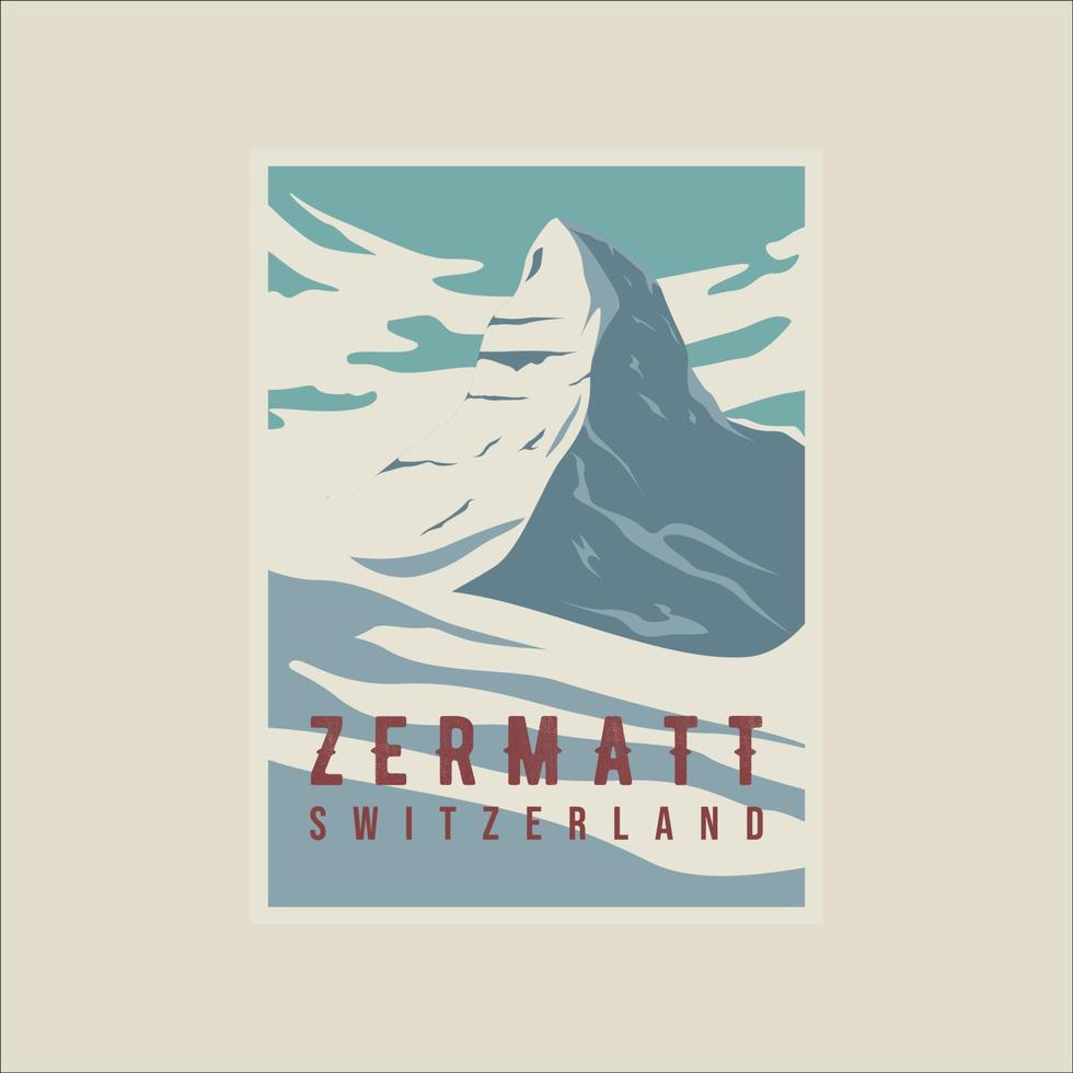 zermatt schweiz vintage poster vektor illustration vorlage grafikdesign. schweizer alpen winterschneebanner für reise- oder tourismusunternehmen