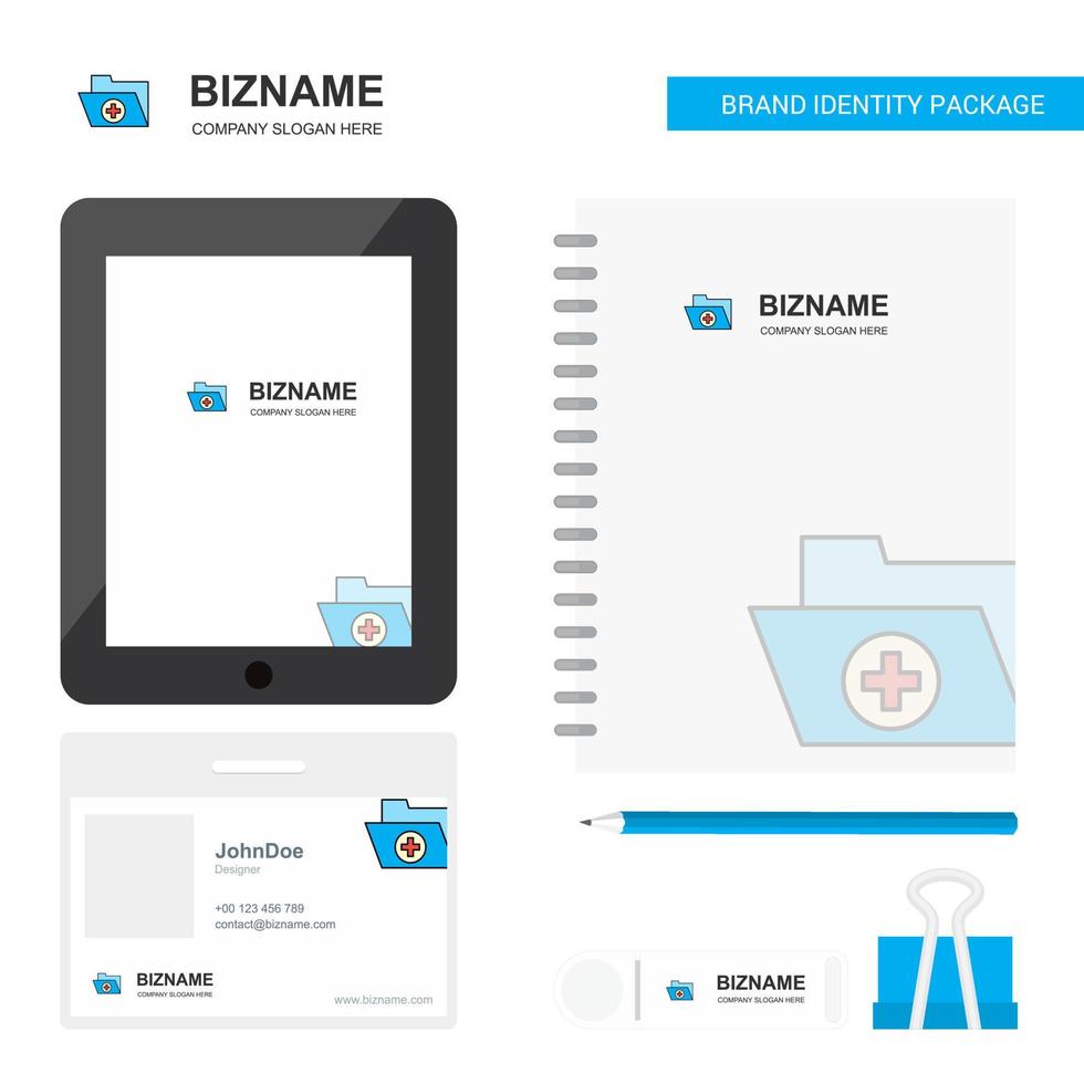 Medizinischer Ordner Business Logo Tab App Tagebuch PVC Mitarbeiterkarte und USB-Marke stationäres Verpackungsdesign Vektorvorlage vektor