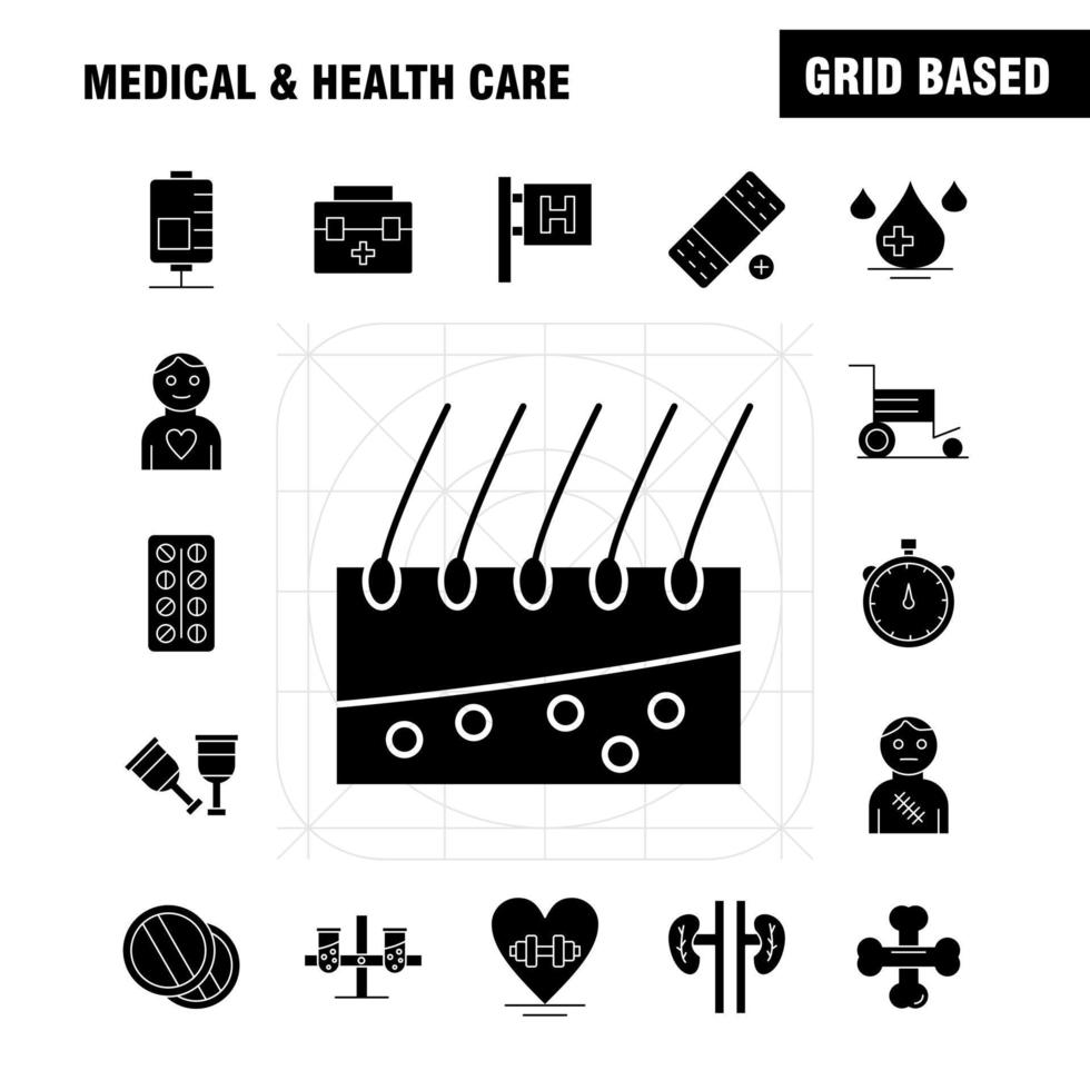 Solides Glyphensymbol für Medizin und Gesundheitswesen für Webdruck und mobiles Uxui-Kit wie medizinischer Chat-Mail-Krankenhausrollstuhl medizinischer Krankenhauspatienten-Piktogramm-Packvektor vektor