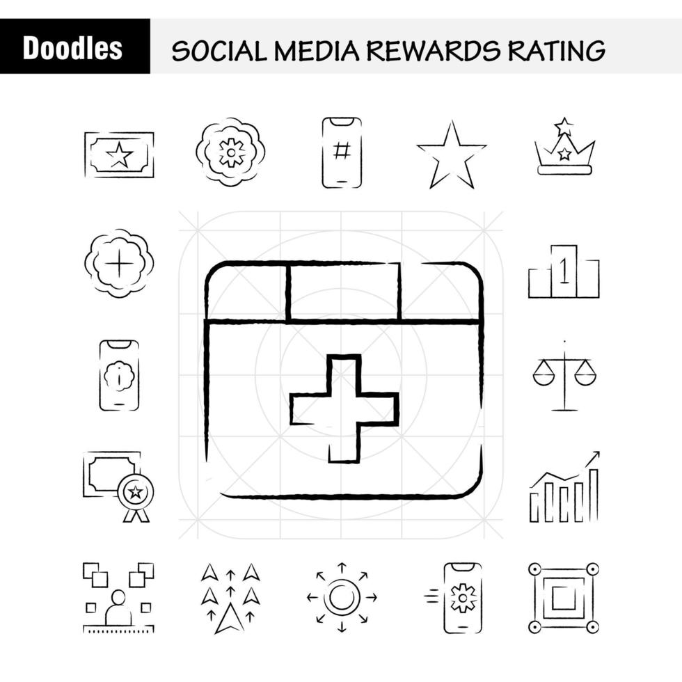 Social-Media-Belohnungen, die handgezeichnetes Icon-Pack für Designer und Entwickler bewerten vektor