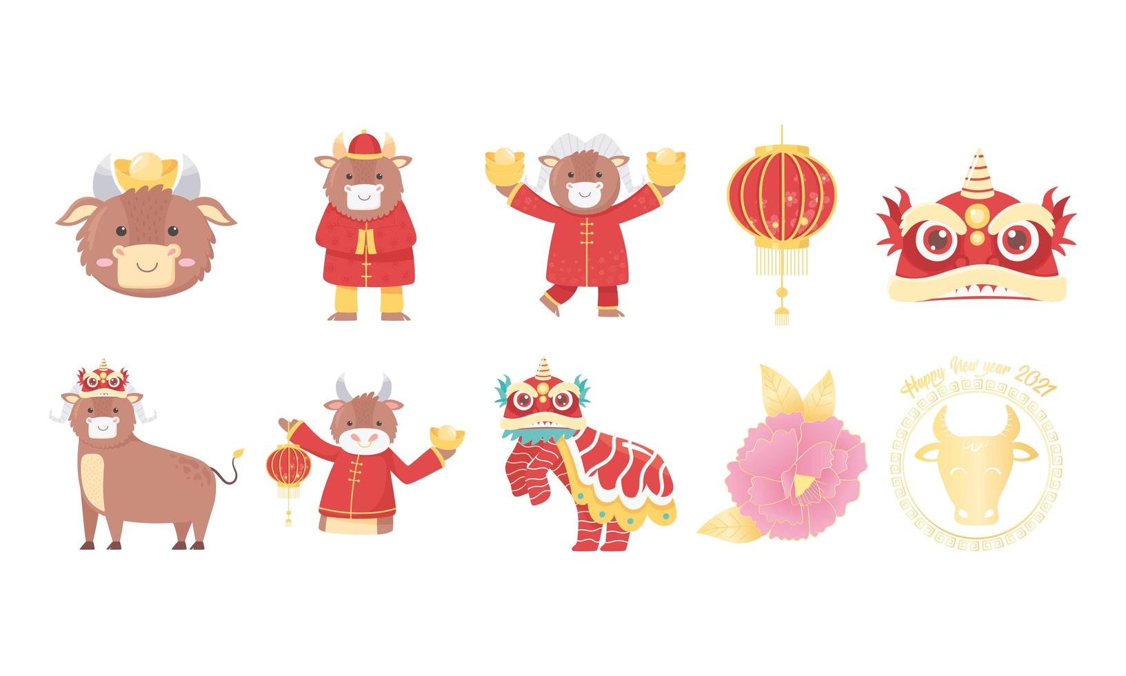 kinesiskt nyår av oxens ikonuppsättning vektor