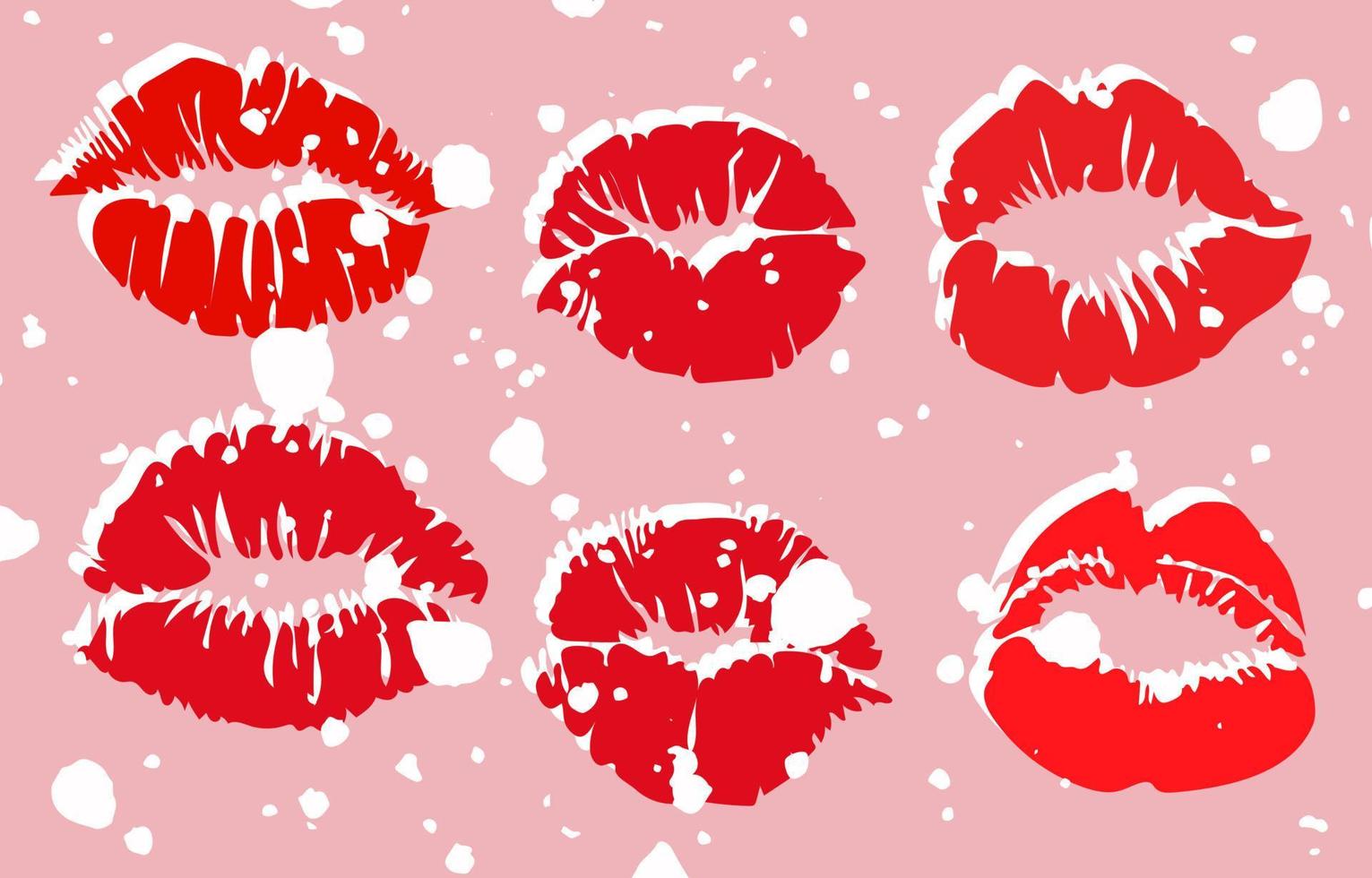 ein Set mit roten Lippenstiftabdrücken auf weißem Hintergrund mit Rauschen. Lippen mit Rauschen in Rottönen, Hintergrund für die Verpackung. geeignet zum Bedrucken von Papier und Textilien. zum Valentinstag. vektor