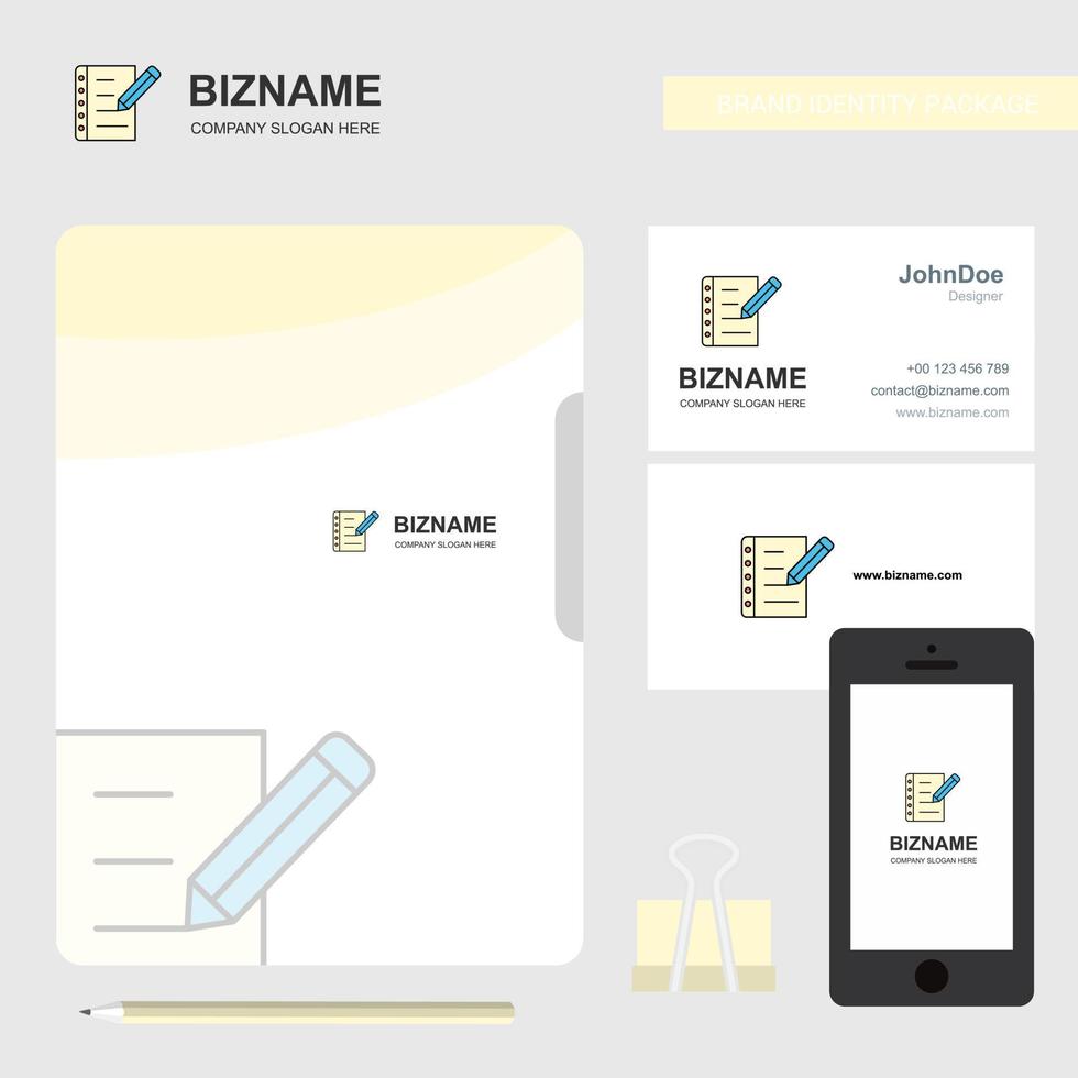 skrivning på anteckningar företag logotyp fil omslag besöker kort och mobil app design vektor illustration