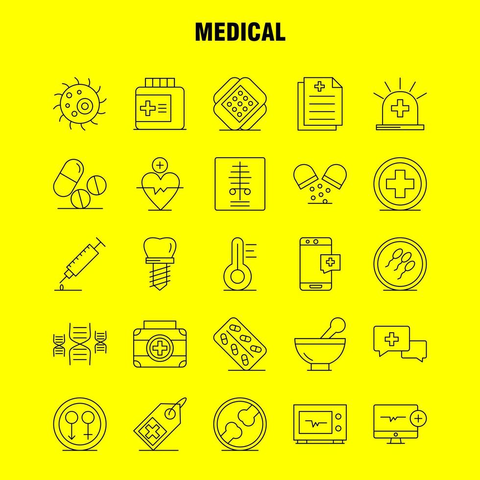 medizinische zeilensymbole, die für infografiken, mobiles uxui-kit und druckdesign eingestellt sind, umfassen computerschlagimpuls, medizinisches medikament, medizinische pillen, knochensymbolsatzvektor vektor