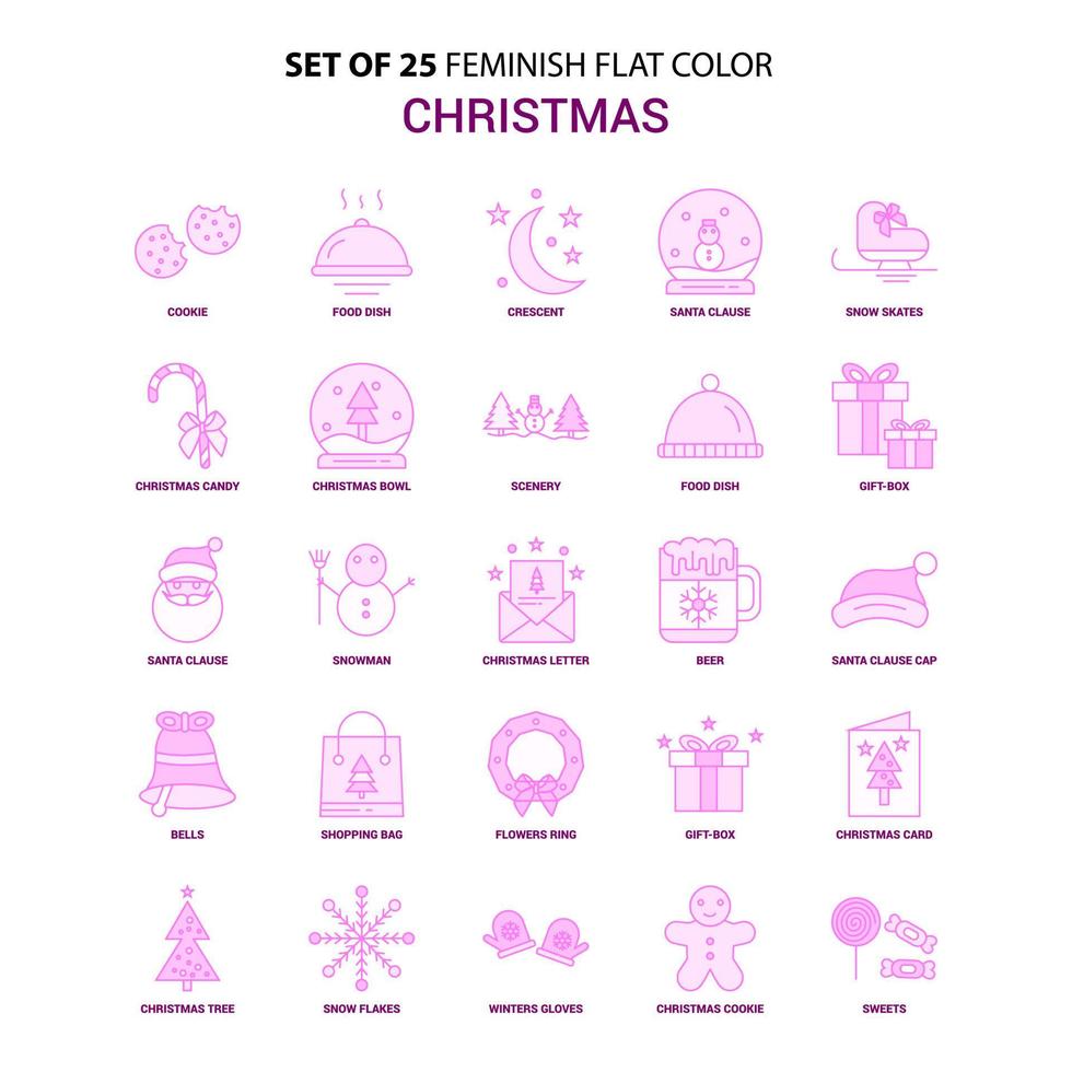 satz von 25 feminischen weihnachten flache farbe rosa symbolsatz vektor