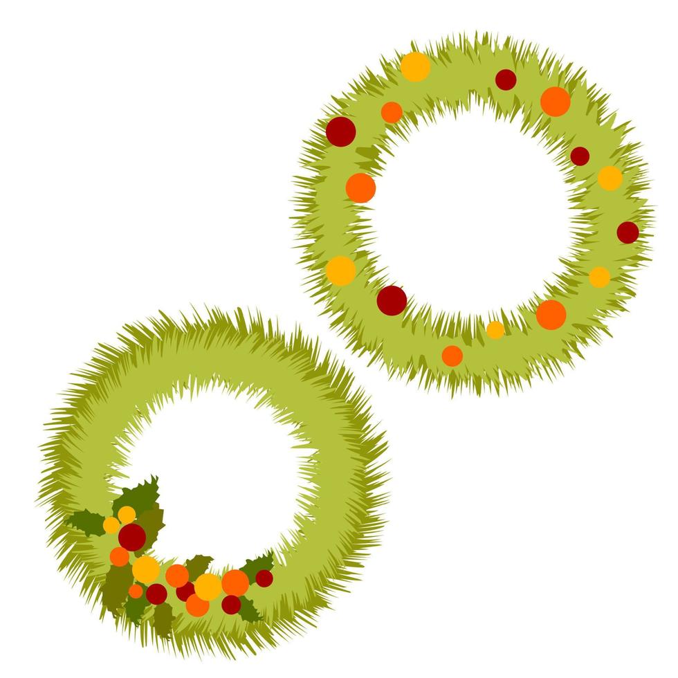 uppsättning av grön runda jul kransar med färgrik bollar vektor