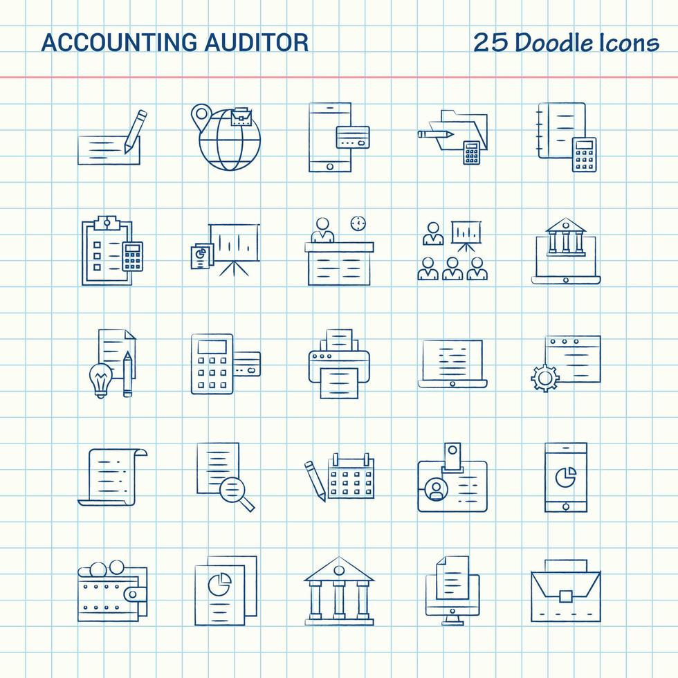 Buchhaltungsprüfer 25 Doodle-Symbole handgezeichnetes Business-Icon-Set vektor