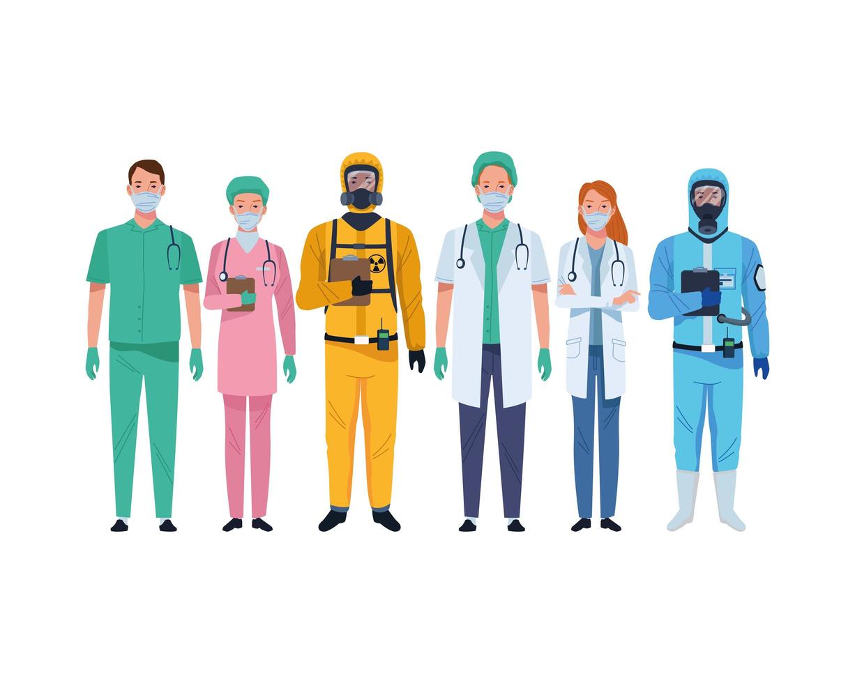 läkare personal som bär medicinska masker och biosäkerhetsdräkt vektor