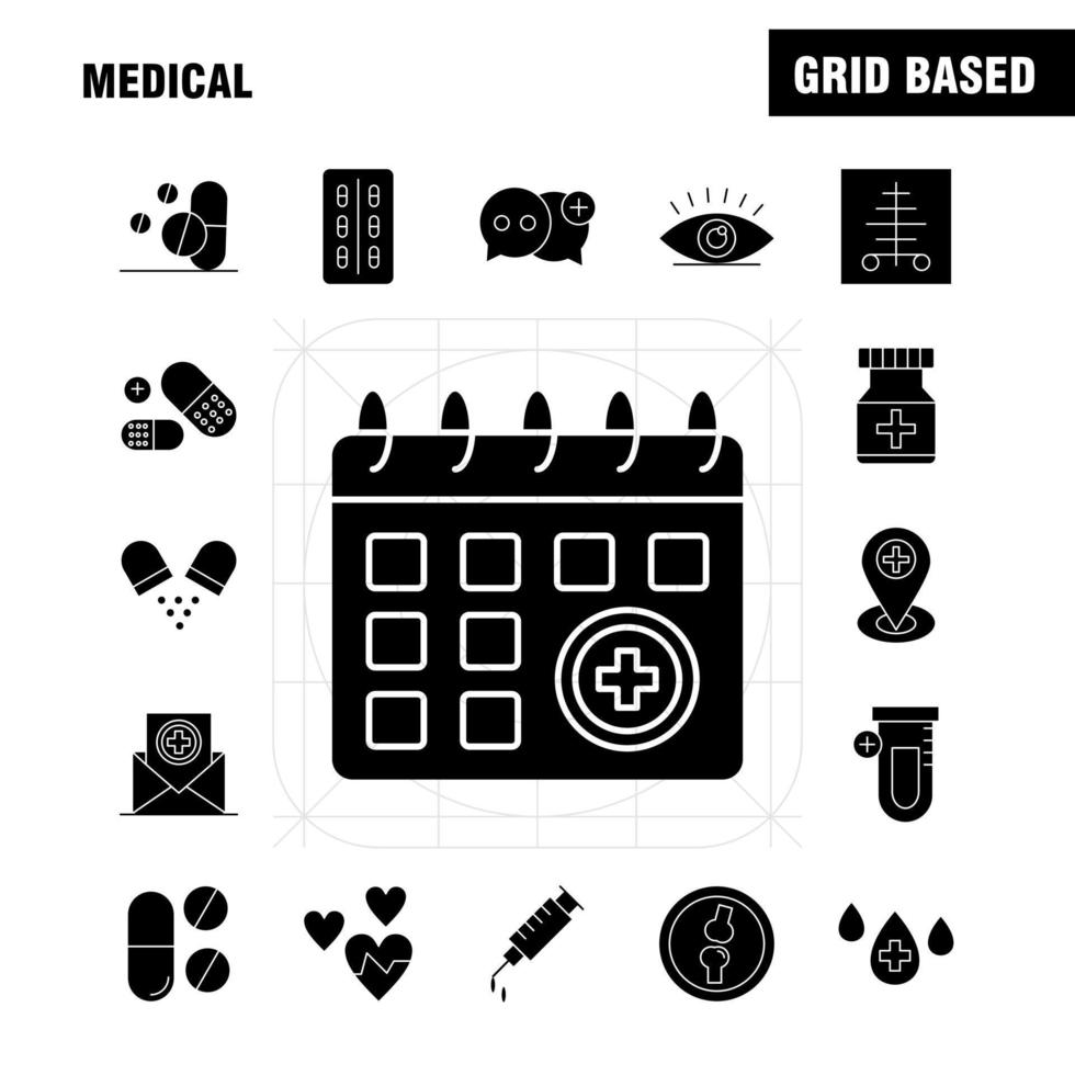 medicinsk fast glyf ikoner uppsättning för infographics mobil uxui utrustning och skriva ut design inkludera medicinsk medicin sjukhus sjukvård medicinsk rör labb plus eps 10 vektor