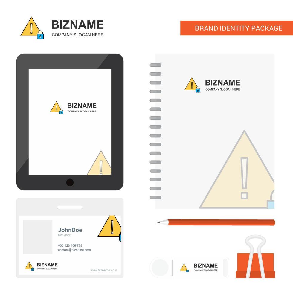 Vorsicht Business Logo Tab App Tagebuch PVC Mitarbeiterkarte und USB-Marke stationäres Verpackungsdesign Vektorvorlage vektor