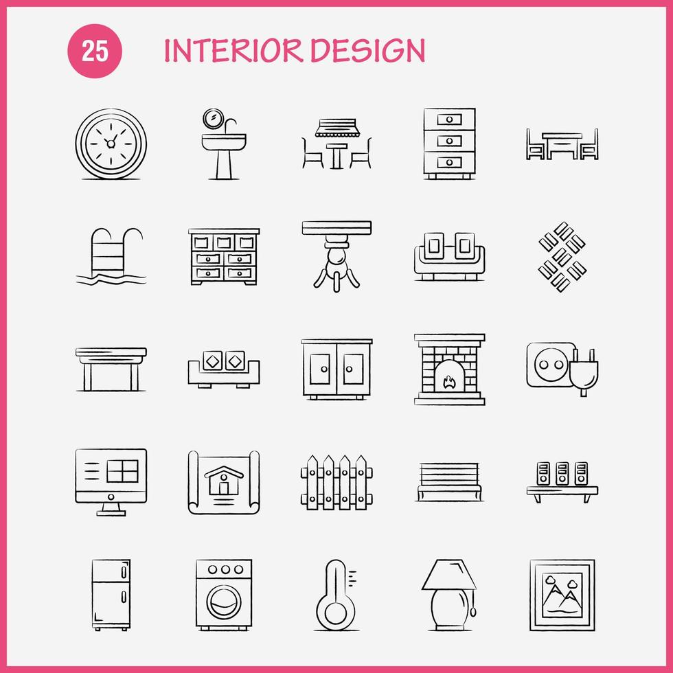 Handgezeichnete Symbole für die Innenarchitektur, die für Infografiken, mobiles Uxui-Kit und Druckdesign festgelegt wurden, umfassen medizinische Akte, Dokument, Tisch, Bidet, Möbel, Wasserspiegel, eps 10, Vektor