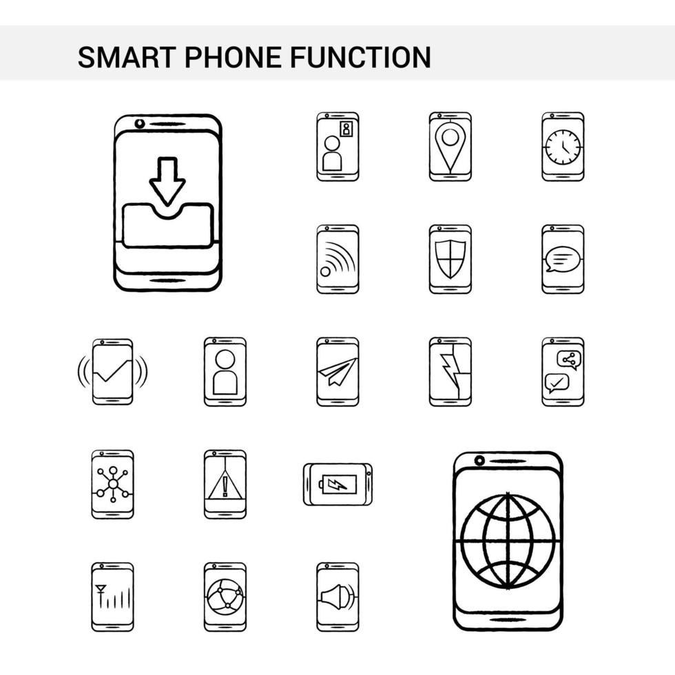 gesetzte Art der intelligenten Telefonfunktionen Hand gezeichnete Ikone lokalisiert auf weißem Hintergrundvektor vektor