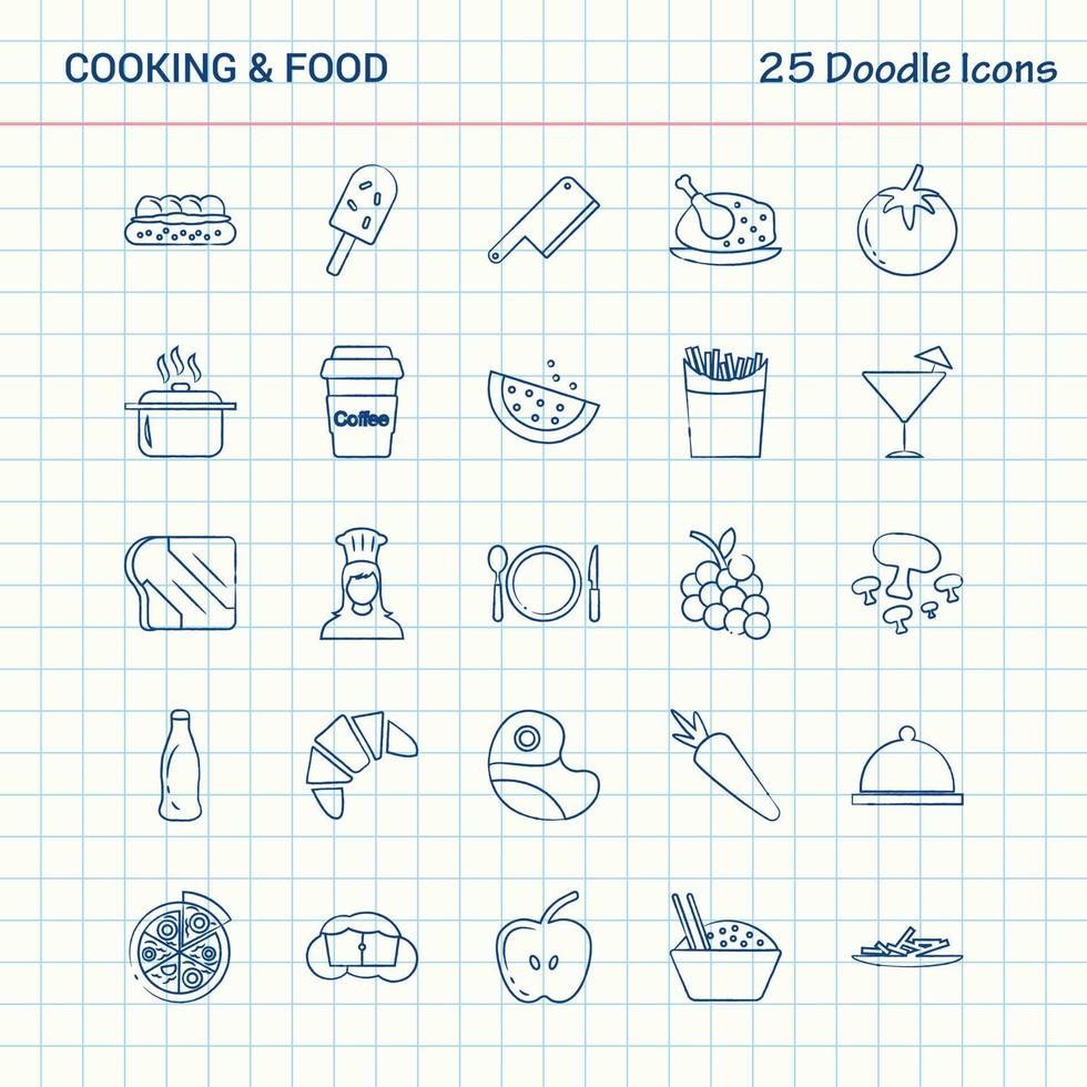 Kochen und Essen 25 Doodle-Symbole handgezeichnetes Business-Icon-Set vektor